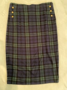 Ralph Lauren Navy and Green Plaid Pencil Skirt with Gold Buttons